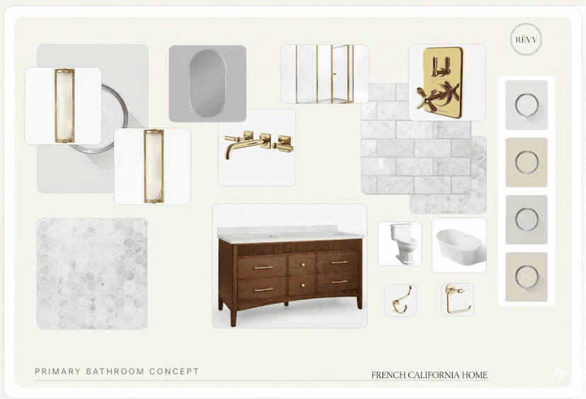 Revy moodboard showing materials, finishes, and fixtures