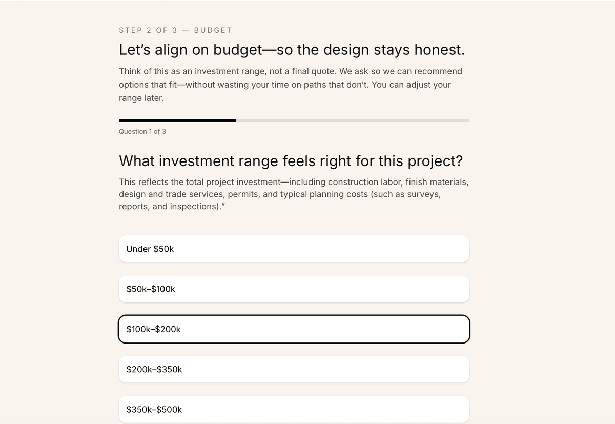 Revy budget quiz showing investment range selection