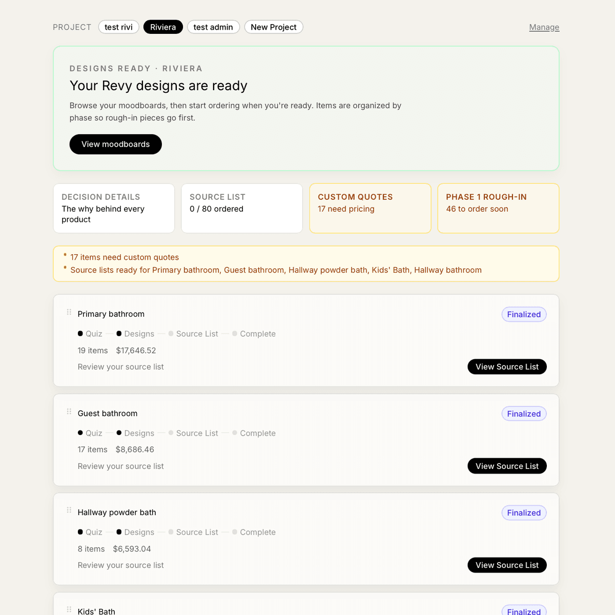 Revy project dashboard