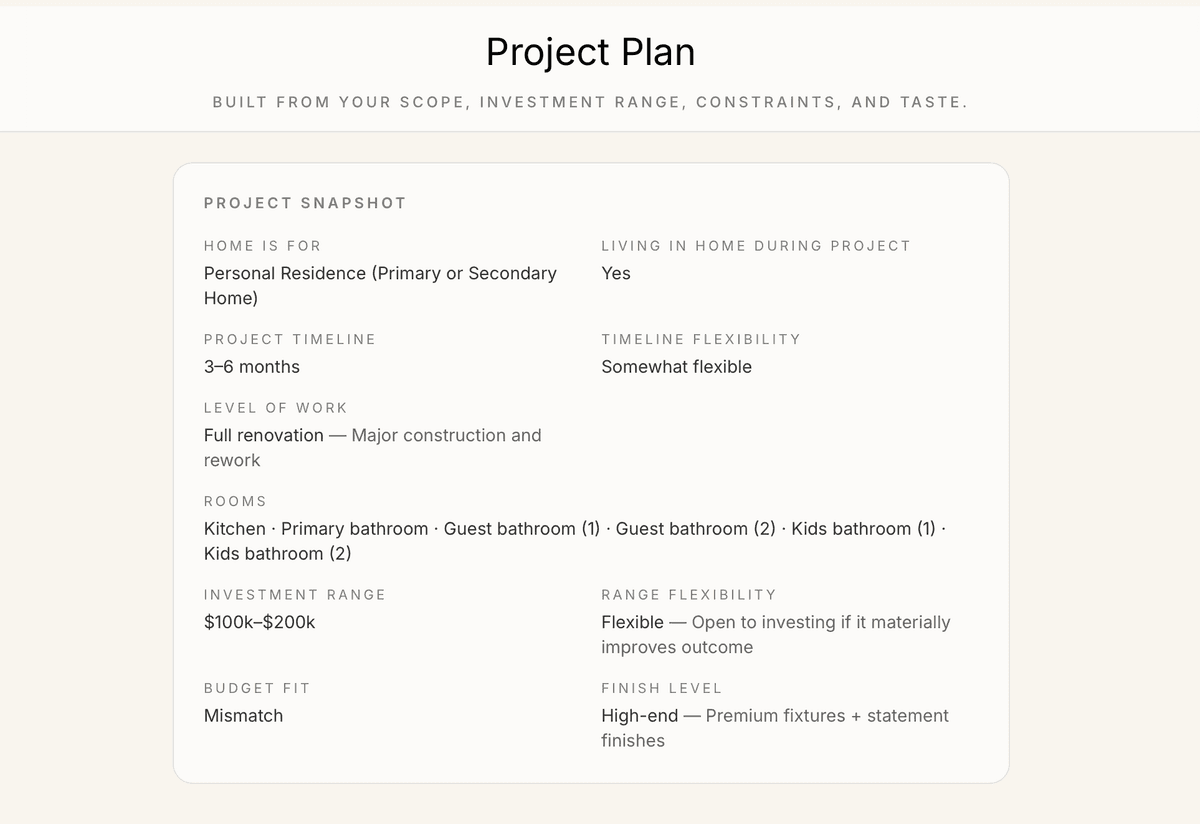 Revy project plan showing scope, budget, and design decisions