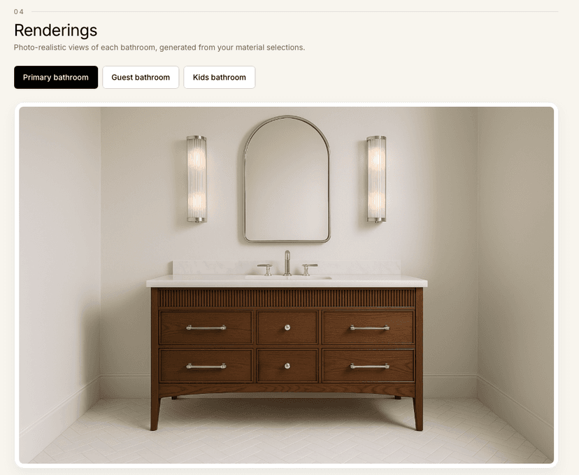 Photorealistic 3D rendering of a bathroom with selected materials